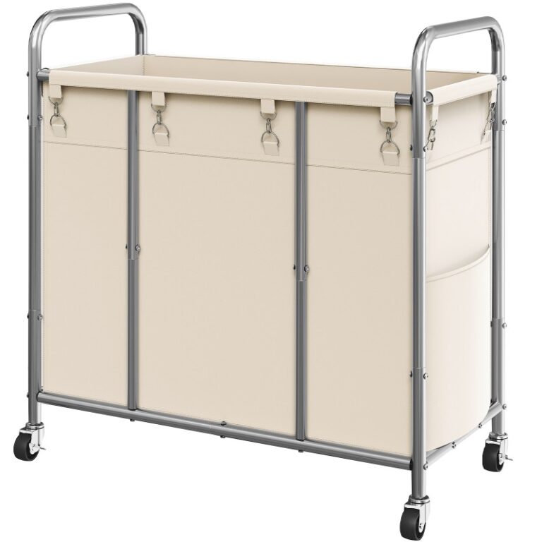 Διαλογέας πλυντηρίου, Καλάθι πλυντηρίου με ρόδες, 243 L κυλιόμενο πλυντήριο, Διαλογέας πλυντηρίων με αφαιρούμενη τσάντα και πλευρική τσέπη, για πλυντήριο, Τουαλέτα, Υπνοδωμάτιο, Μπεζ και ασήμι