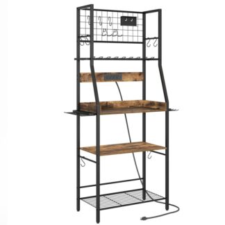 Large Power Tool Organizer with Charging Station, 4 Layer Garage Tool Organization and Storage Rack, Drill Holder, Heavy Duty Metal Tool Shelf with Hooks, for Garage, Rustic Brown