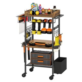Power Tool Organizer Cart, 4 Θήκη τρυπανιού με εργαλειοθήκη, Ράφι ράφι τρυπανιού βάσης εργαλείων γκαράζ με 2 Πλευρικοί γάντζοι, Rolling Heavy Duty, Ρουστίκ καφέ