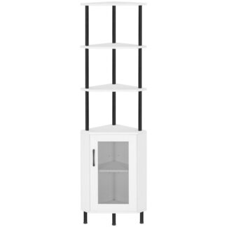 Kulmahylly varastolla, 64.8" Pitkä teollisuuskulmakaappi, 5-Tier Corner Booksf oven kanssa, Kulmanäyttökaapin kasvien jalusta, Näyttöhyllyteline kotiin, Valkoinen