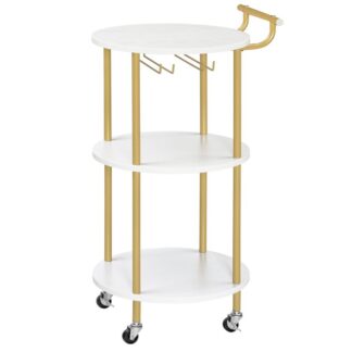 барная тележка золото, Home Bar Cart Cart, Каетка для напитков с винной стойкой и стаканой, 3-Винная тележка для кухни для кухни, столовая, гостиная, стороны, золото и белый