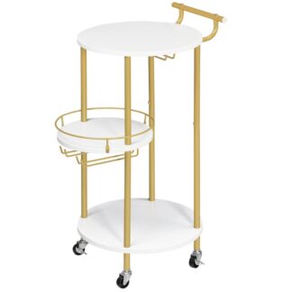 Барные тележки с 3-уровневыми полками хранения, Мобильная сервировочная тележка для бара с винной стойкой и держателем для стаканов, для дома, Кухня, Гостиная, Столовая, Золото и Белый