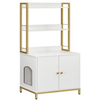 Valkoinen ja kultainen roskaraatikon kotelo hyllyillä, Puiset kissan roskakorit huonekalut, Suuri piilotettu roskarasia, jossa on ovet, Säilytyskaappi, Suurimmalle osalle roskaraatikosta