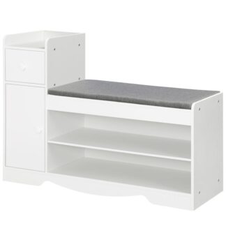 مقعد الأحذية, مقعد تخزين المدخل مع درج وخزانة, رف أحذية مع وسادة مبطنة قابلة للإزالة, خزانة تنظيم الأحذية للممر, غرفة نوم, غرفة الجلوس, أبيض ورمادي