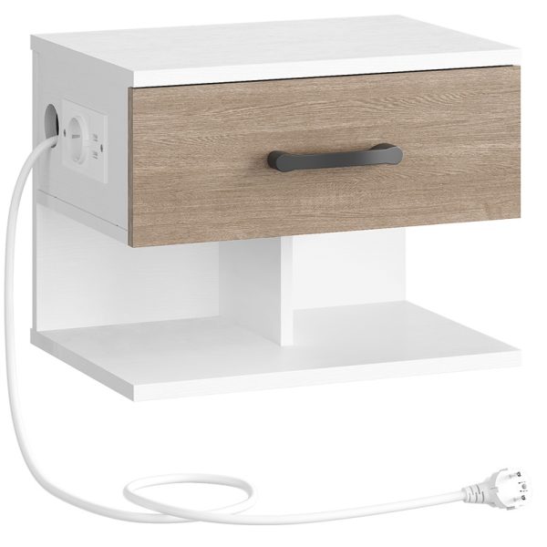 Wandhängender Nachttisch mit Ladestation und klappbarer Schublade, Schwebender Nachttisch mit versteckter und offener Aufbewahrung, Duale Installationsoptionen, Weiß & Greige