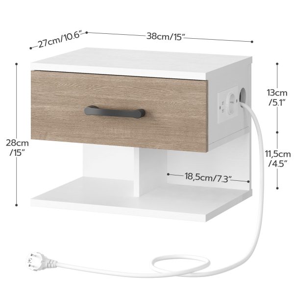 Set von 2 Hängende Nachttische mit Ladestation und Schublade, 1 Standardsteckdose und 2 USB-Anschlüsse, Geeignet für Schlafzimmer, Weiß und Antikgrau