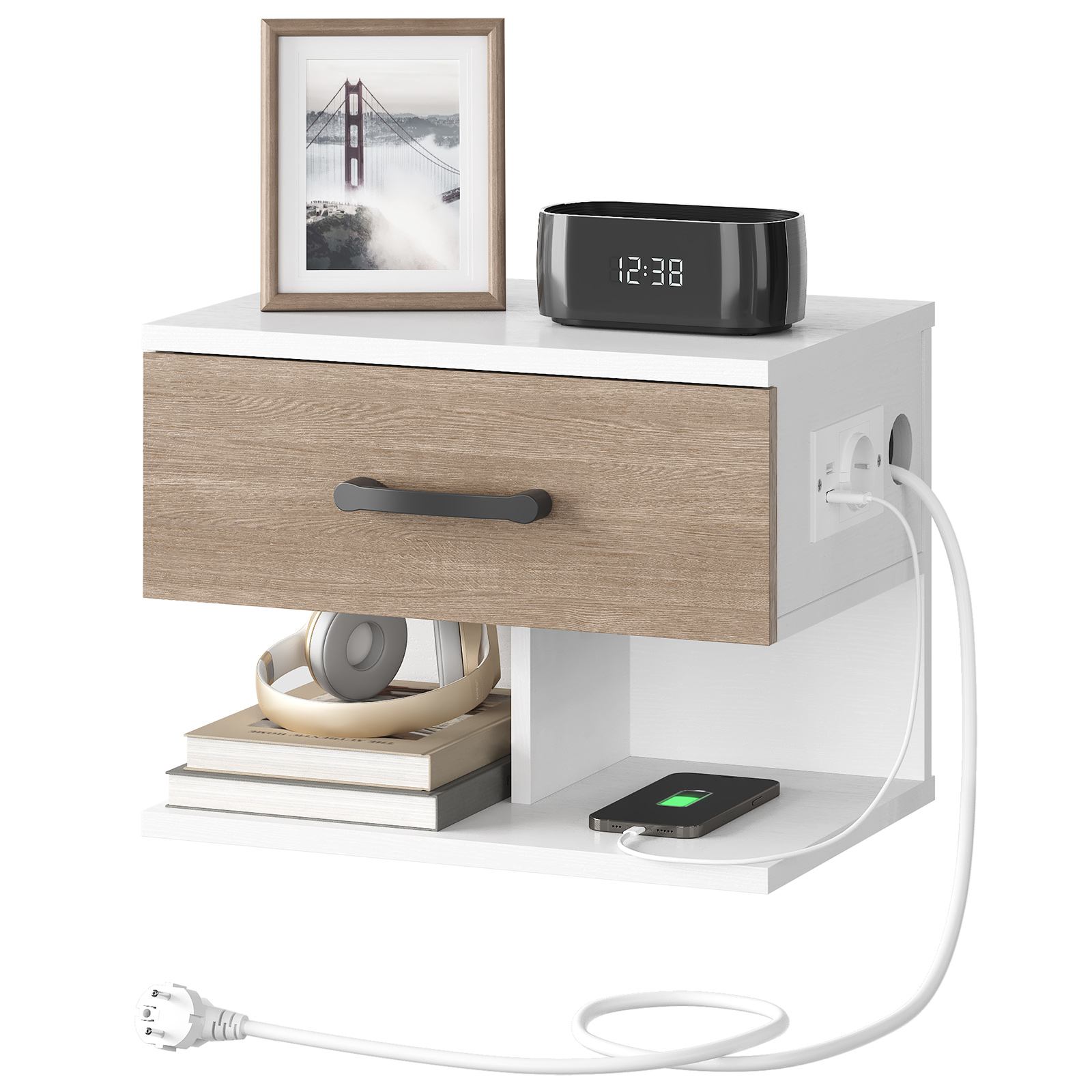 Set von 2 Hängende Nachttische mit Ladestation und Schublade, 1 Standardsteckdose und 2 USB-Anschlüsse, Geeignet für Schlafzimmer, Weiß und Antikgrau