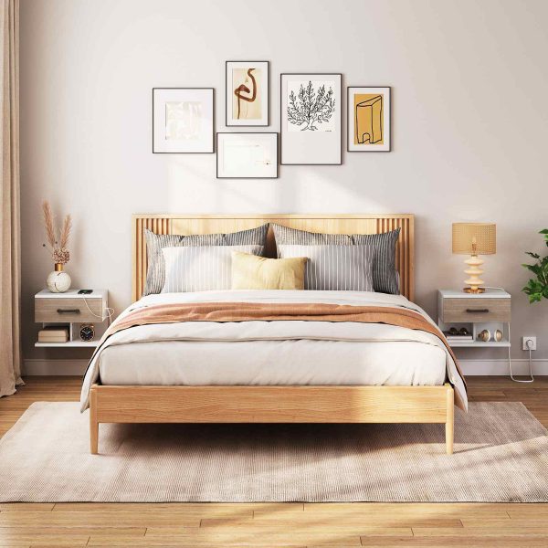 Set von 2 Hängende Nachttische mit Ladestation und Schublade, 1 Standardsteckdose und 2 USB-Anschlüsse, Geeignet für Schlafzimmer, Weiß und Antikgrau