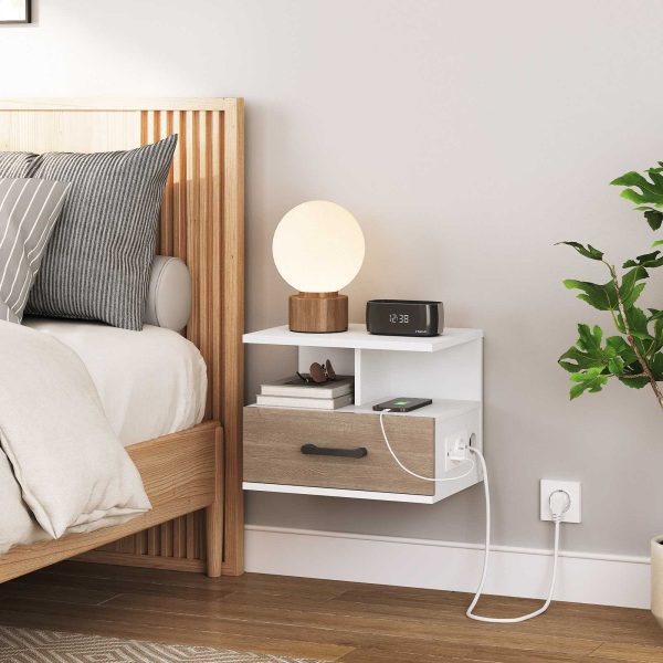 Set von 2 Hängende Nachttische mit Ladestation und Schublade, 1 Standardsteckdose und 2 USB-Anschlüsse, Geeignet für Schlafzimmer, Weiß und Antikgrau