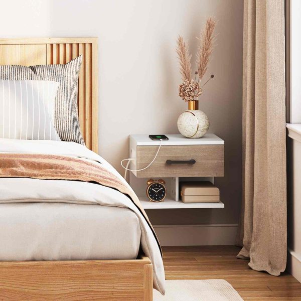 Set von 2 Hängende Nachttische mit Ladestation und Schublade, 1 Standardsteckdose und 2 USB-Anschlüsse, Geeignet für Schlafzimmer, Weiß und Antikgrau