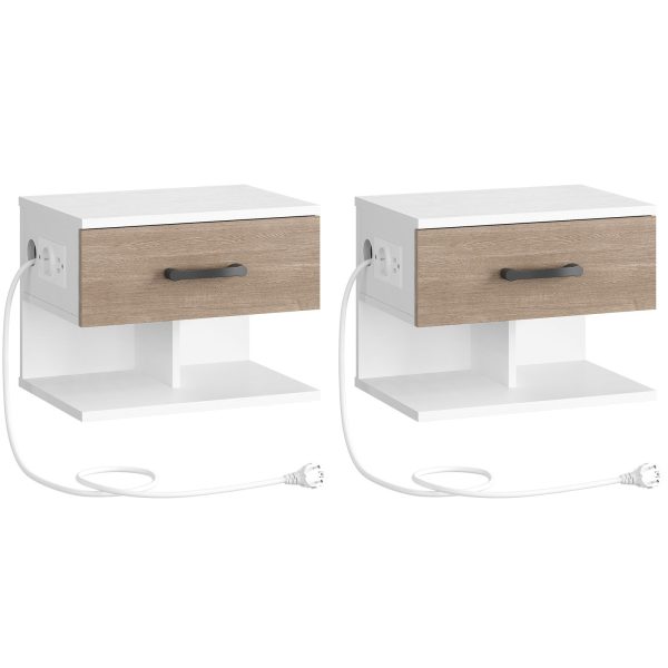 Set of 2 Hanging Bedside Tables with Charging Station and Drawer, 1 Standard Socket and 2 USB Ports, Suitable for Bedroom, White and Antique Grey