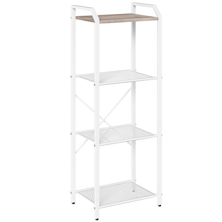 4-Tier Ladder Bookshelf, White and Grey Narrow Ladder Shelf, Standing Bathroom Storage Shelf, Modern Storage Rack, Bookcase with Metal Frame, for Bathroom, Living Room, Entrance