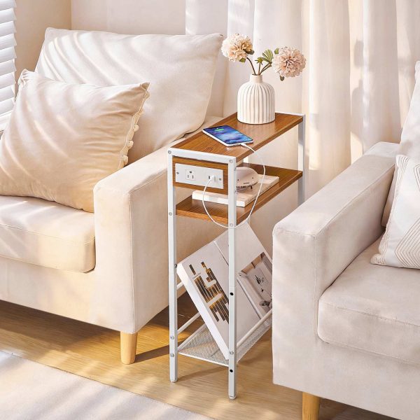 Adjustable Height End Table, 360° Swivel Narrow Side Table with Charging Station, Narrow Sofa Bedside Table for Small Space, Living Room, Bedroom, Black