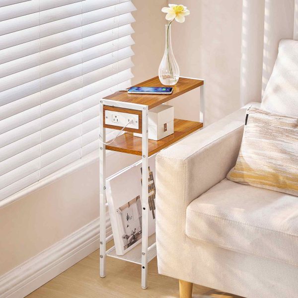 Adjustable Height End Table, 360° Swivel Narrow Side Table with Charging Station, Narrow Sofa Bedside Table for Small Space, Living Room, Bedroom, Black