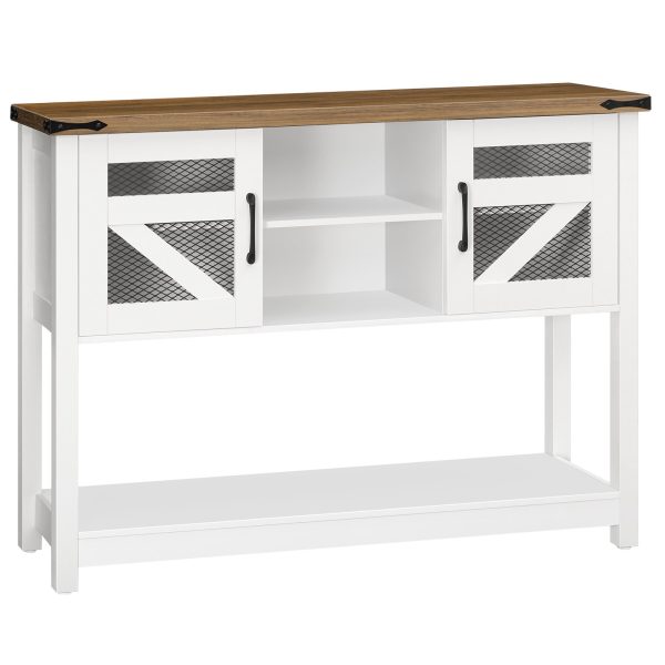 Farmhouse-Style Console Table with Storage, 110cm Narrow Entryway Table Featuring Open Shelf and 2 Cabinets, Multifunctional Sofa Side Table for Living Room, White & Walnut Finish