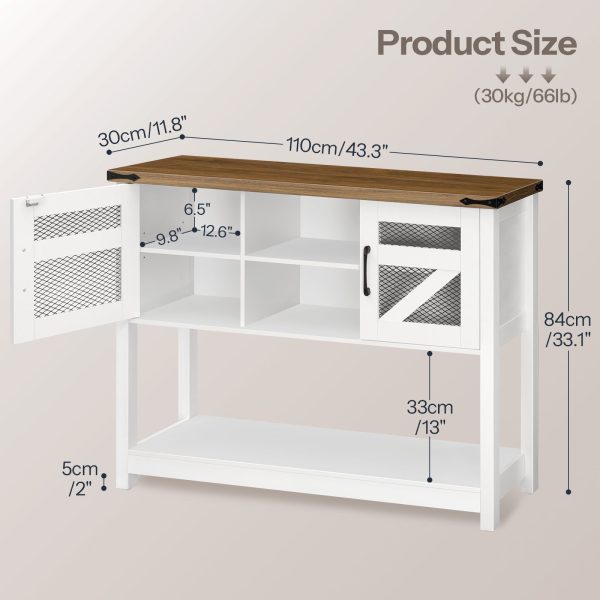 Farmhouse-Style Console Table with Storage, 110cm Narrow Entryway Table Featuring Open Shelf and 2 Cabinets, Multifunctional Sofa Side Table for Living Room, White & Walnut Finish