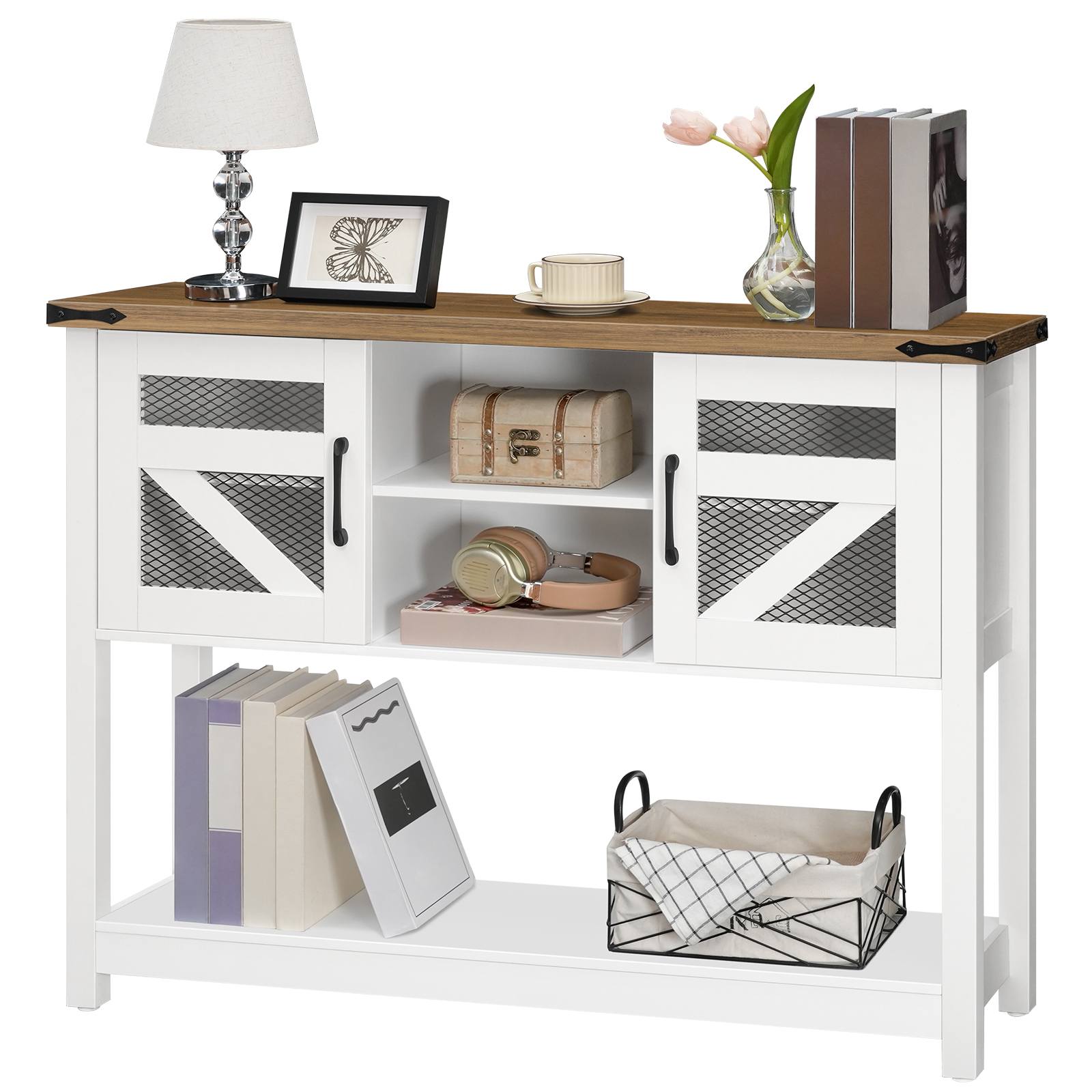 Farmhouse-Style Console Table with Storage, 110cm Narrow Entryway Table Featuring Open Shelf and 2 Cabinets, Multifunctional Sofa Side Table for Living Room, White & Walnut Finish