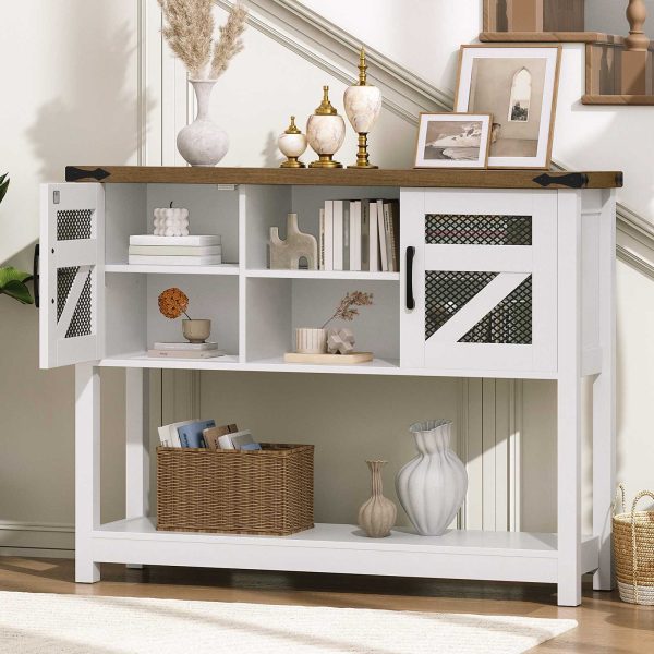 Farmhouse-Style Console Table with Storage, 110cm Narrow Entryway Table Featuring Open Shelf and 2 Cabinets, Multifunctional Sofa Side Table for Living Room, White & Walnut Finish