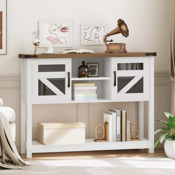 Farmhouse-Style Console Table with Storage, 110cm Narrow Entryway Table Featuring Open Shelf and 2 Cabinets, Multifunctional Sofa Side Table for Living Room, White & Walnut Finish