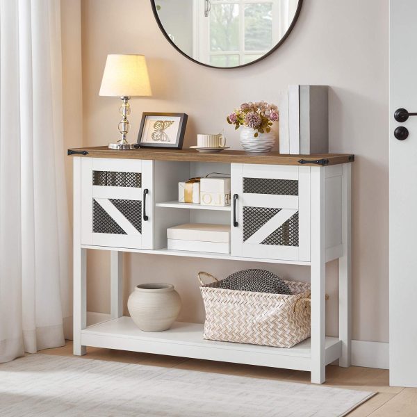 Farmhouse-Style Console Table with Storage, 110cm Narrow Entryway Table Featuring Open Shelf and 2 Cabinets, Multifunctional Sofa Side Table for Living Room, White & Walnut Finish
