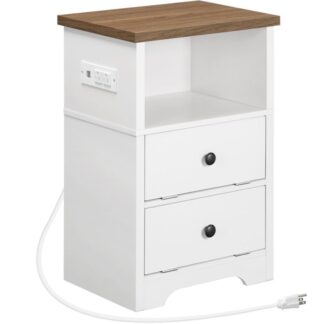 منضدة مع محطة شحن, طاولة نهاية المزرعة مع 2 أدراج, طاولة جانبية للأريكة الخشبية, طاولة بجانب السرير لغرفة النوم, موقف المزرعة الليلي, أبيض عتيق