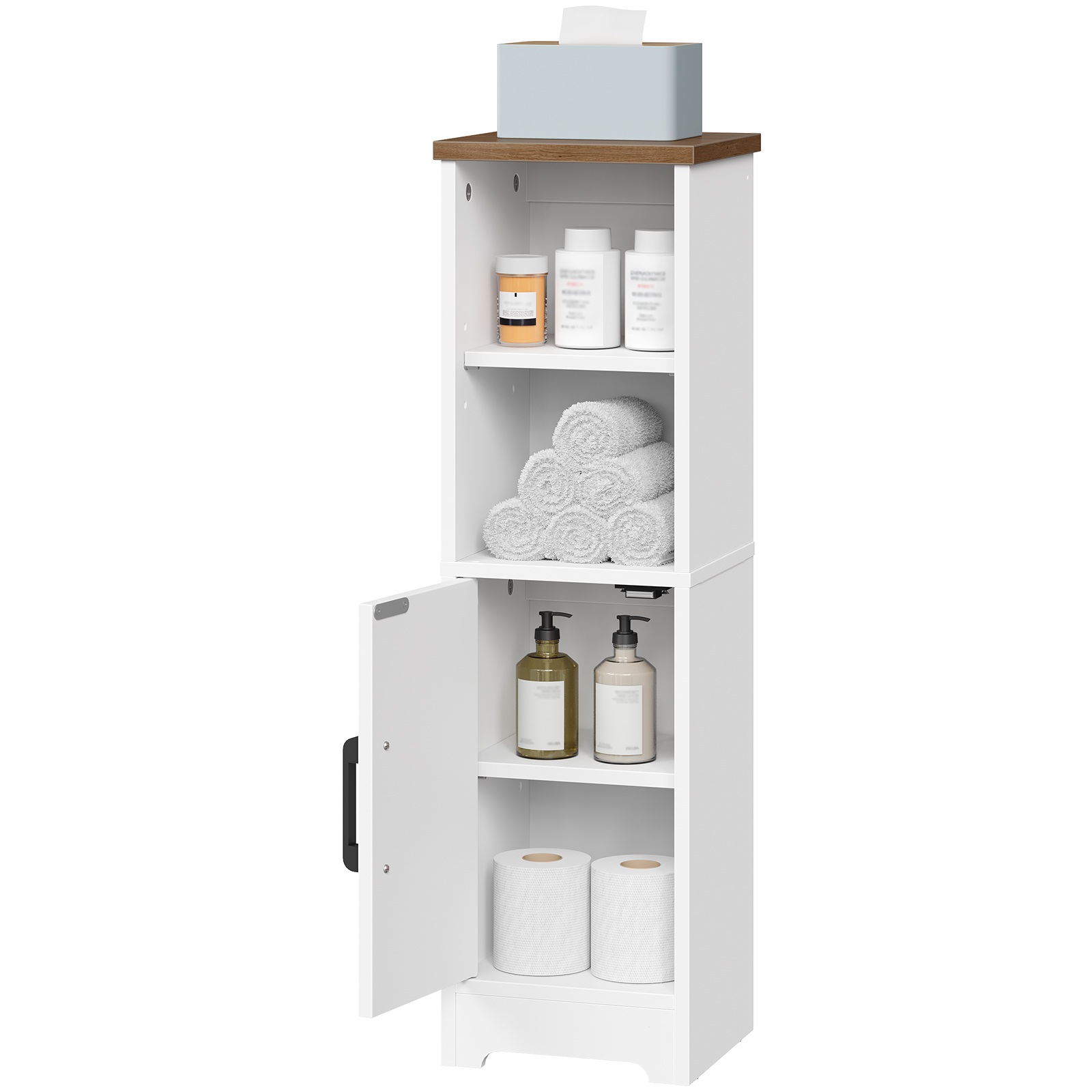 Freestanding Narrow Corner Bathroom Storage Cabinet with 2 Adjustable Shelves, White & Walnut Space-Saving Floor Cabinet for Small Spaces