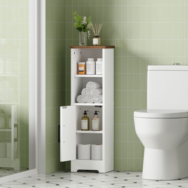 Freestanding Narrow Corner Bathroom Storage Cabinet with 2 Adjustable Shelves, White & Walnut Space-Saving Floor Cabinet for Small Spaces