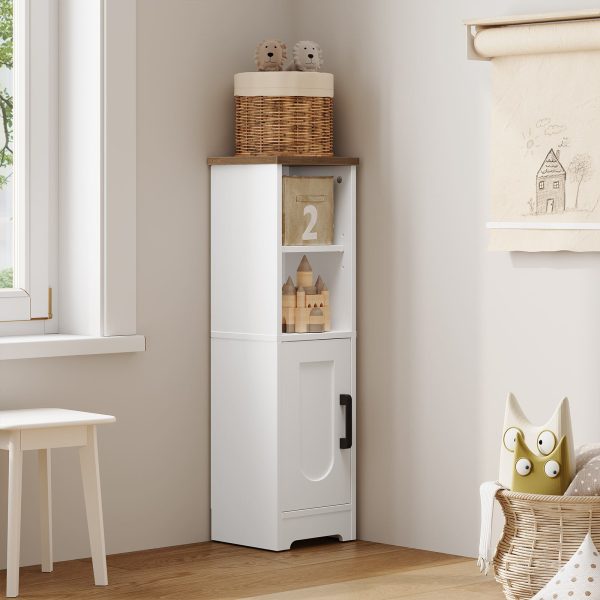 Freestanding Narrow Corner Bathroom Storage Cabinet with 2 Adjustable Shelves, White & Walnut Space-Saving Floor Cabinet for Small Spaces