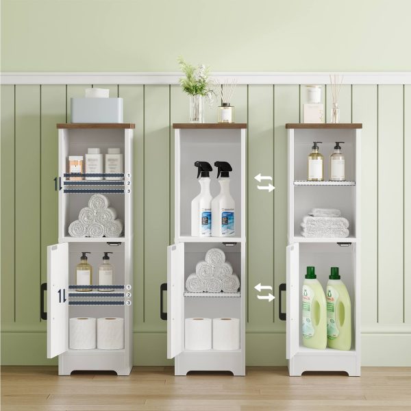 Freestanding Narrow Corner Bathroom Storage Cabinet with 2 Adjustable Shelves, White & Walnut Space-Saving Floor Cabinet for Small Spaces