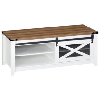 white farmhouse coffee table, 47" barn coffee tables for living room, coffee table with barn doors, living room center table with adjustable shelves, rectangular, white and walnut