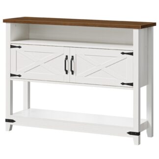 Maalaistalon eteinen pöytä säilytystilalla, Kapea sohvapöytä kaapeilla, Valkoinen konsolipöytä sisäänkäynnin kohdalla, Käytävä, Olohuone, Sohvapöytä ovet, Metalliaksentit, Valkoinen ja pähkinä