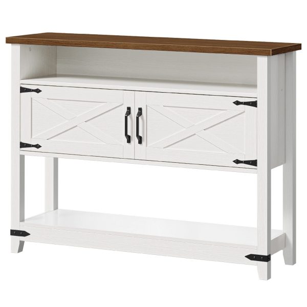 Table console d'entrée de style ferme avec armoires de rangement, Table de canapé étroite avec accents métalliques, Solution de rangement multifonctionnelle pour l'entrée, Couloir & Salon, Blanc & Finition noyer