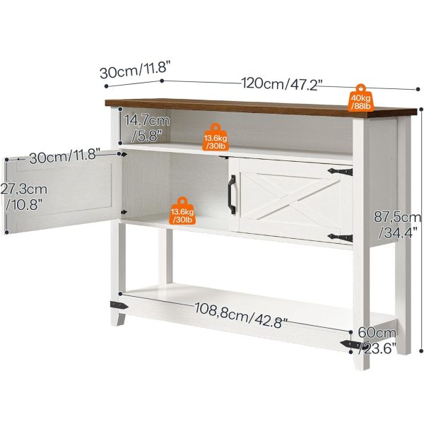 Table console d'entrée de style ferme avec armoires de rangement, Table de canapé étroite avec accents métalliques, Solution de rangement multifonctionnelle pour l'entrée, Couloir & Salon, Blanc & Finition noyer