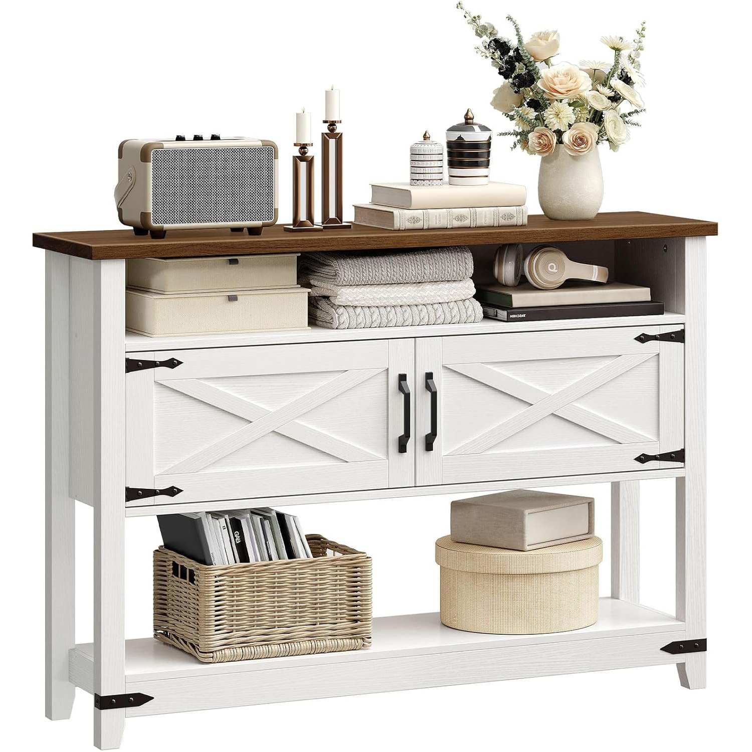 Table console d'entrée de style ferme avec armoires de rangement, Table de canapé étroite avec accents métalliques, Solution de rangement multifonctionnelle pour l'entrée, Couloir & Salon, Blanc & Finition noyer