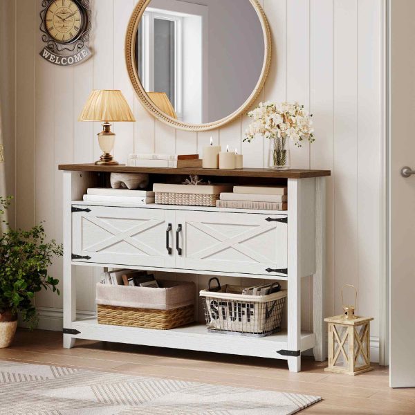 Table console d'entrée de style ferme avec armoires de rangement, Table de canapé étroite avec accents métalliques, Solution de rangement multifonctionnelle pour l'entrée, Couloir & Salon, Blanc & Finition noyer