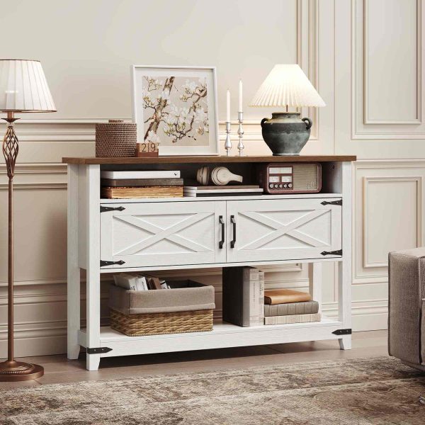 Table console d'entrée de style ferme avec armoires de rangement, Table de canapé étroite avec accents métalliques, Solution de rangement multifonctionnelle pour l'entrée, Couloir & Salon, Blanc & Finition noyer