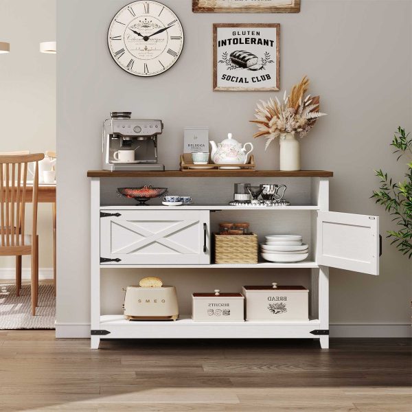 Table console d'entrée de style ferme avec armoires de rangement, Table de canapé étroite avec accents métalliques, Solution de rangement multifonctionnelle pour l'entrée, Couloir & Salon, Blanc & Finition noyer