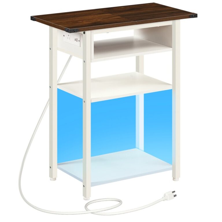 Table de bout avec station de recharge, Étagère de rangement étroite de la table d'appoint, Nightand skinny avec lumière LED, Table de chevet mince pour la chambre, Salon, Petites espaces, Noix et blanc
