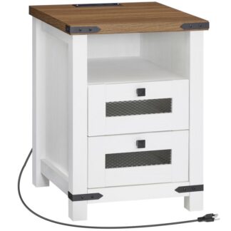 farmhouse nightstand with charging station, end table with 2 drawers and open storage, 18'' farmhouse side table with outlets and usb ports bedroom, study, white and walnut