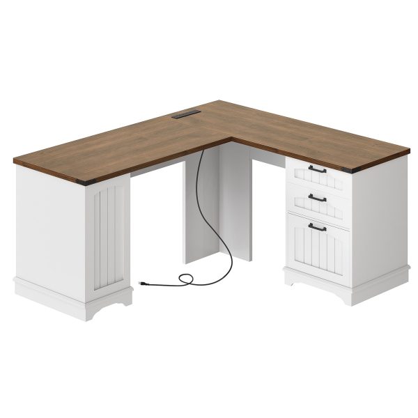 L-Shaped Corner Computer Desk with Integrated Charging Station, White & Walnut Wooden Home Office Desk with File Drawers and Adjustable Open Shelves