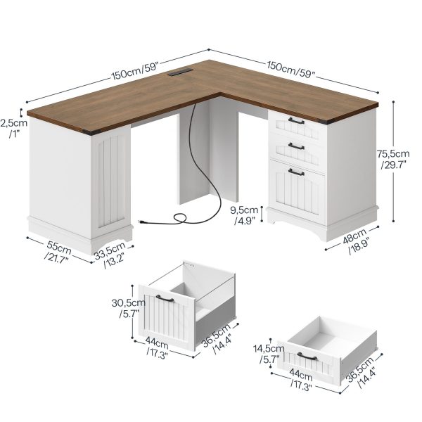 L-Shaped Corner Computer Desk with Integrated Charging Station, White & Walnut Wooden Home Office Desk with File Drawers and Adjustable Open Shelves