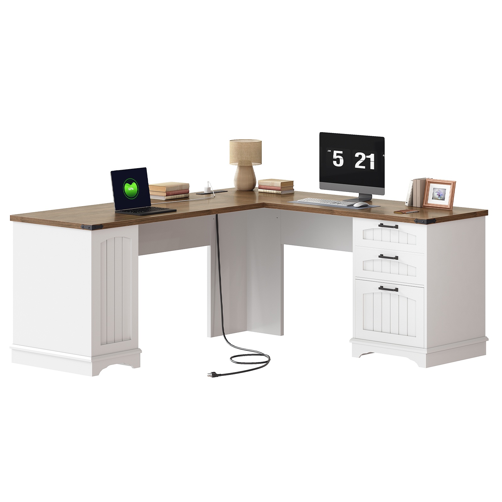 L-Shaped Corner Computer Desk with Integrated Charging Station, White & Walnut Wooden Home Office Desk with File Drawers and Adjustable Open Shelves