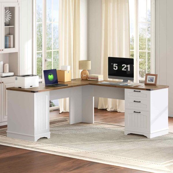 L-Shaped Corner Computer Desk with Integrated Charging Station, White & Walnut Wooden Home Office Desk with File Drawers and Adjustable Open Shelves