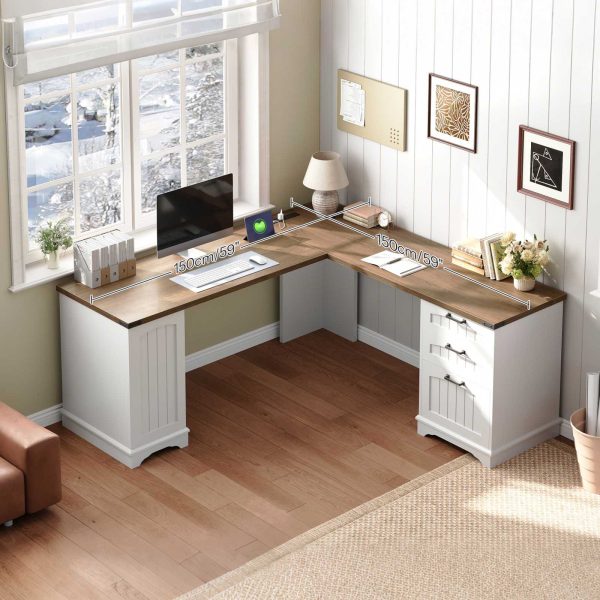L-Shaped Corner Computer Desk with Integrated Charging Station, White & Walnut Wooden Home Office Desk with File Drawers and Adjustable Open Shelves