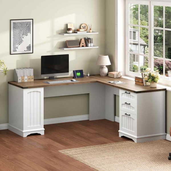 L-Shaped Corner Computer Desk with Integrated Charging Station, White & Walnut Wooden Home Office Desk with File Drawers and Adjustable Open Shelves