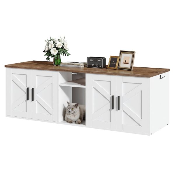Dubbele kattenbakbehuizing, Verborgen opbergkast met gangontwerp, Houten huisdiermeubilair met bovenste opberglaag & Zijhaken, Wit & Walnoot afwerking