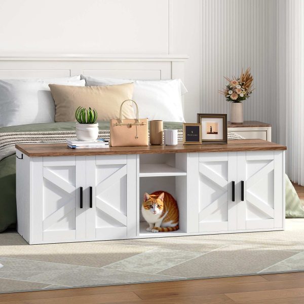 Dubbele kattenbakbehuizing, Verborgen opbergkast met gangontwerp, Houten huisdiermeubilair met bovenste opberglaag & Zijhaken, Wit & Walnoot afwerking