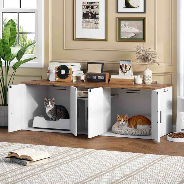 Dubbele kattenbakbehuizing, Verborgen opbergkast met gangontwerp, Houten huisdiermeubilair met bovenste opberglaag & Zijhaken, Wit & Walnoot afwerking