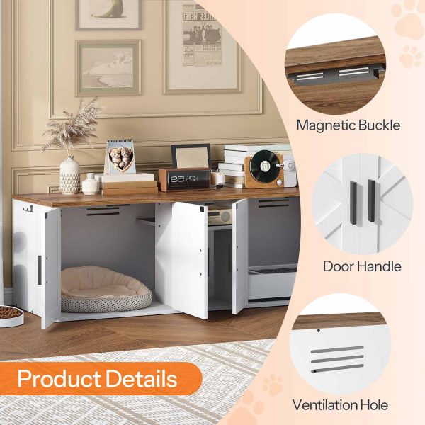 Dubbele kattenbakbehuizing, Verborgen opbergkast met gangontwerp, Houten huisdiermeubilair met bovenste opberglaag & Zijhaken, Wit & Walnoot afwerking