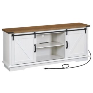 maalaistalo -TV -jalusta, jossa on sähköpisteet 75 tuumaa, Moderni viihdekeskus liukuvilla navetta- ja säilytyskaapilla, Media -TV -konsolipöytä olohuoneeseen, valkoinen ja pähkinä